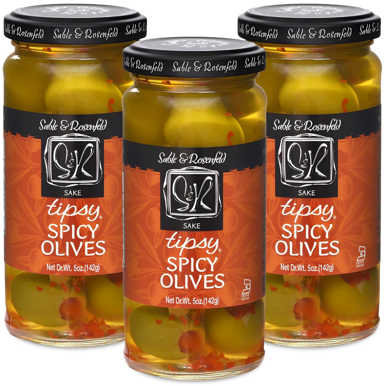 Tipsy Olives - Green Olives Stuffed with Lemon - Large Cocktail Olives in Gin for Cocktail Garnish, Bloody Mary Condiments, Martini Stuffed Olives, Olive Bar - Sable & Rosenfeld - 5 oz (Pack 3)