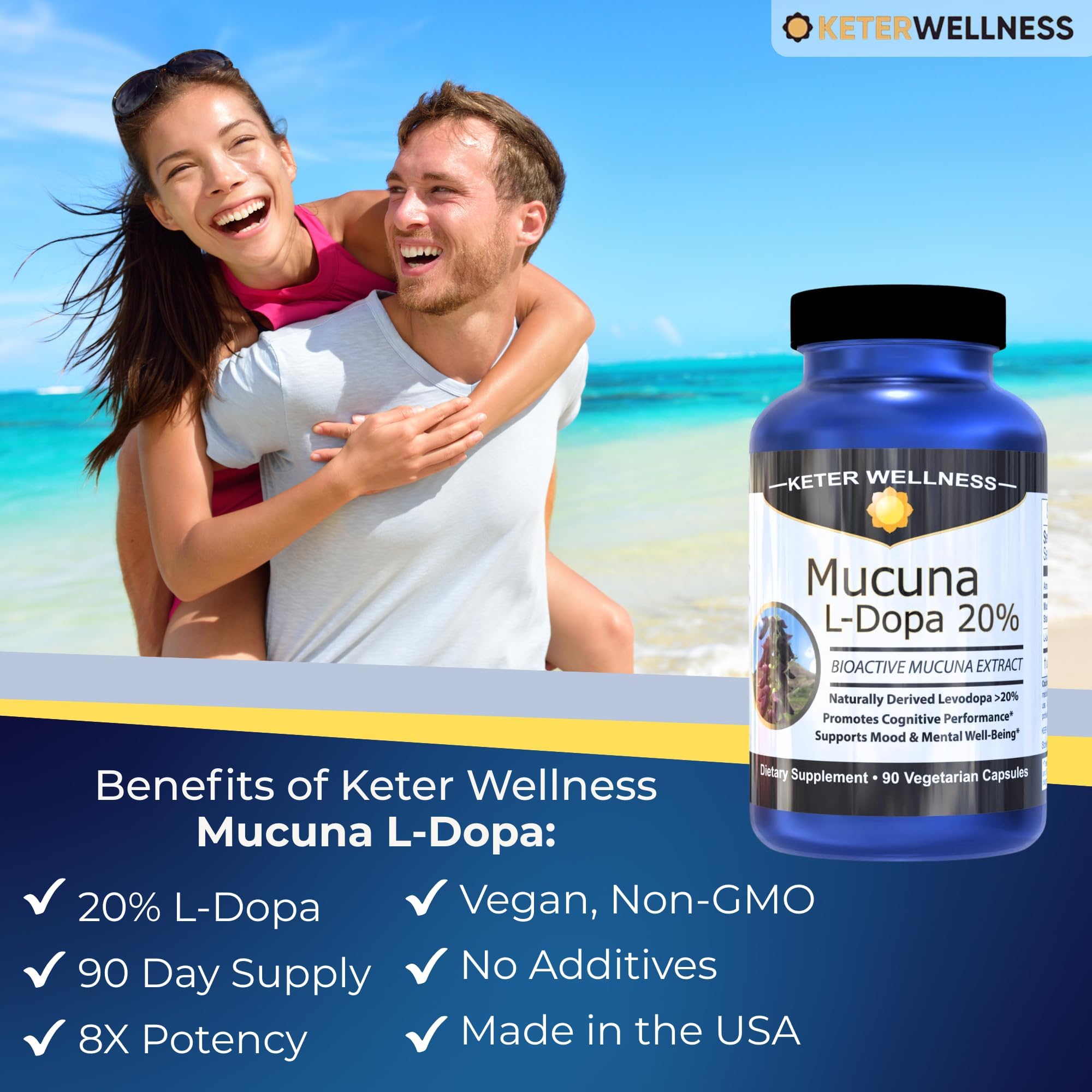 Mucuna Pruriens 20% L-Dopa – Standardized Velvet Bean Extract for Natural Dopamine, Focus & Mood Support – Pure 8:1 Concentrated Herbal Supplement – Vegan, Non-GMO, 90 Capsules