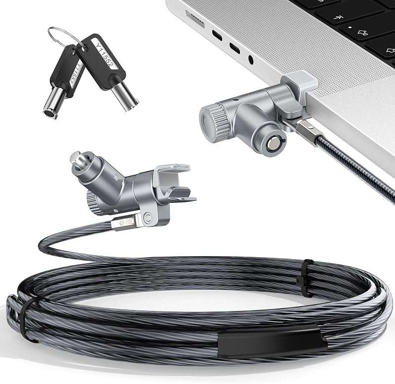 AboveTEK Cable de bloqueo para computadora portátil para MacBook Pro 14/16 (2021-2024), candado de seguridad antirrobo para computadora portátil con llave, cable de bloqueo de computadora de acero resistente a cortes de 6.56 pies, diseño giratorio y portátil