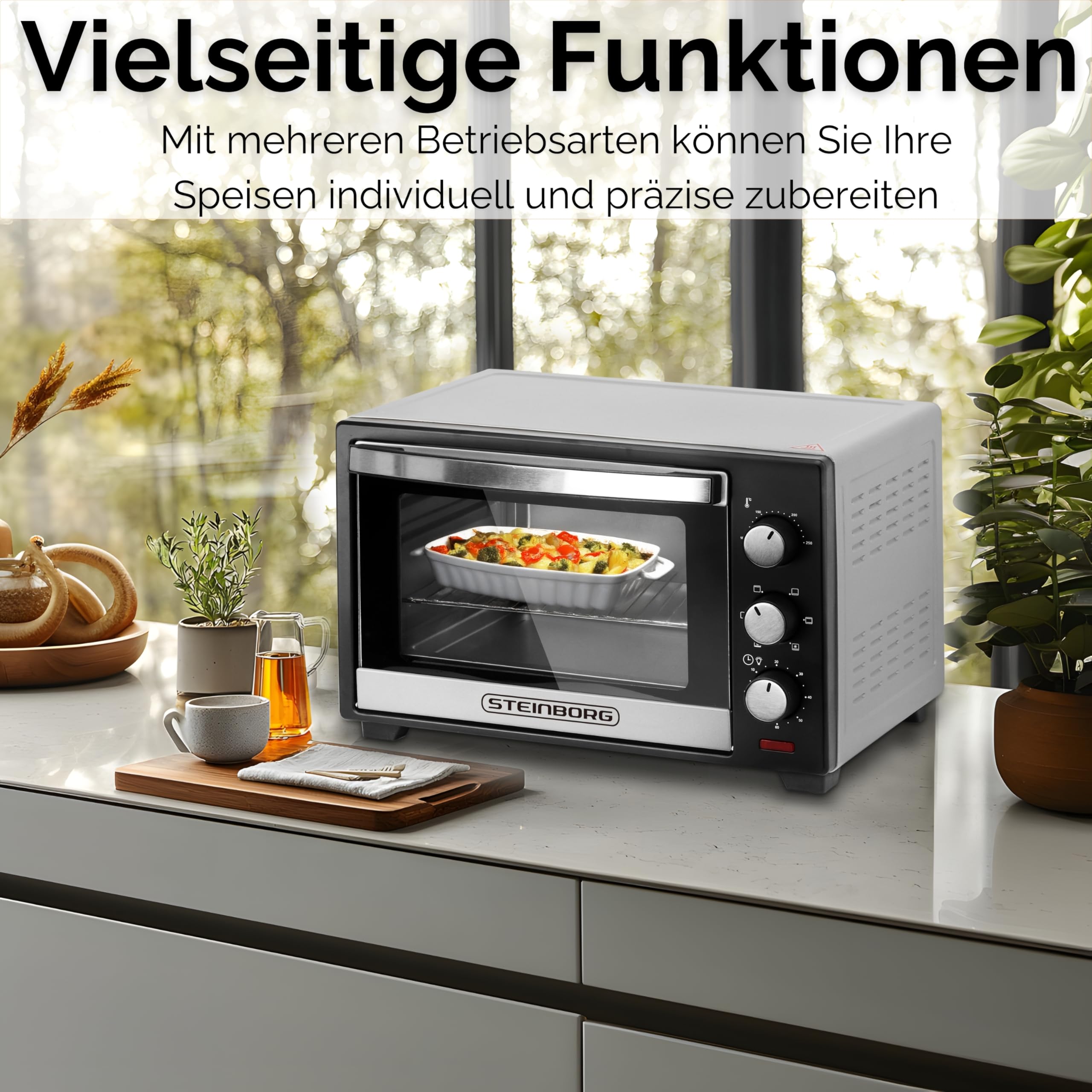 Steinborg® Mini Backofen 25 Liter Miniofen Elektro – Pizzaofen Tischbackofen 3-in-1 mit Ober-/Unterhitze & Umluft Konvektion, 1600 Watt Minibackofen mit 60 Min Timer & Krümelblech