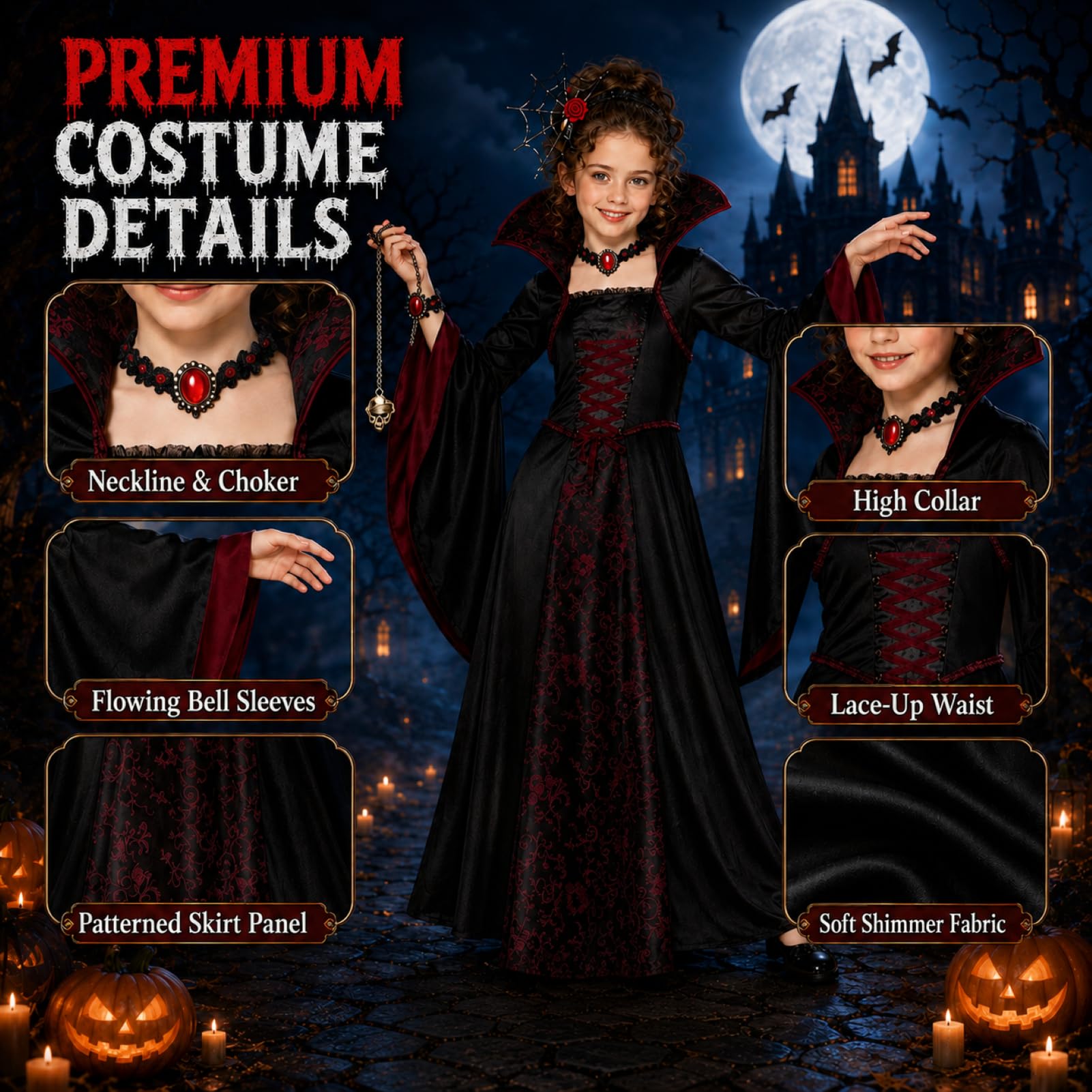 Mädchen Gothic Vampirkostüm Umhang 3-5 5-8 8-12 Gruseliges HalloweenCosplay