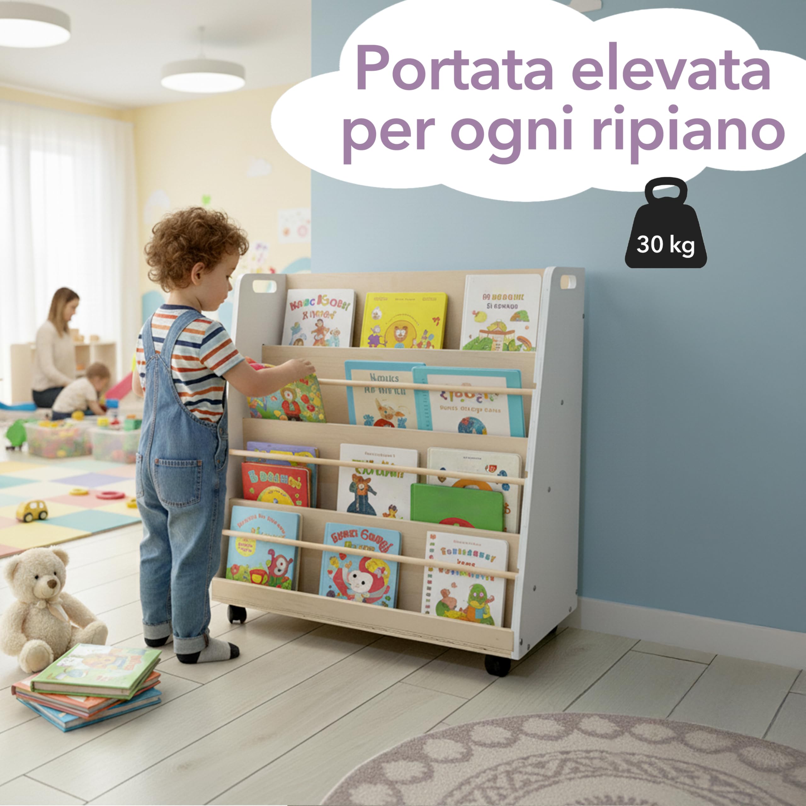 Libreria Montessoriana per Bambini,in Legno spessore 1.5 cm, 4 Ripiani Frontali e Vano Posteriore, Ruote Opzionali, 72x67x35 cm