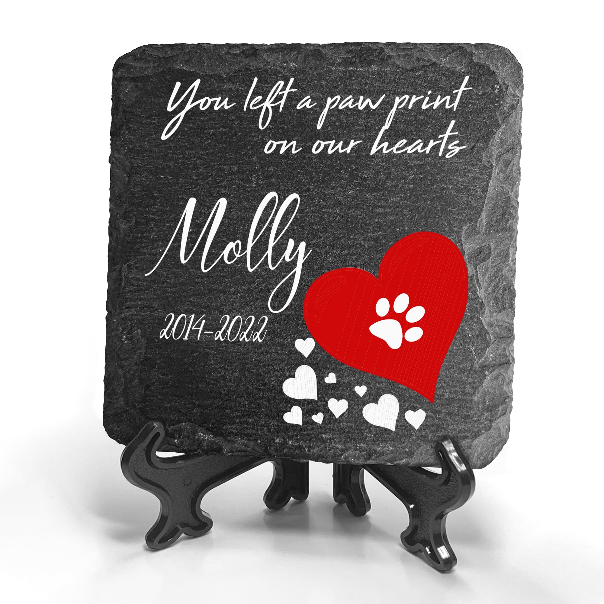 TULLUN Personalised Individual Square Memorial Small Plaque with Display Stand For Pet Cat Dog Slate Stone Frame Paw Grave Marker - Size 3.94" x 3.94" or 100 x 100 mm - Red Heart — image 1