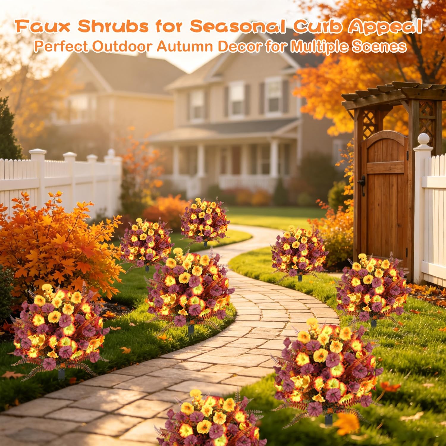 2 Pack 24" Fall Artificial Flower Ball Topiary Trees with Ground Stakes, UV Resistant Faux Mums Floral Balls for Front Porch Planters, Garden, Pathway, Yard, Harvest & Thanksgiving Decor image 5