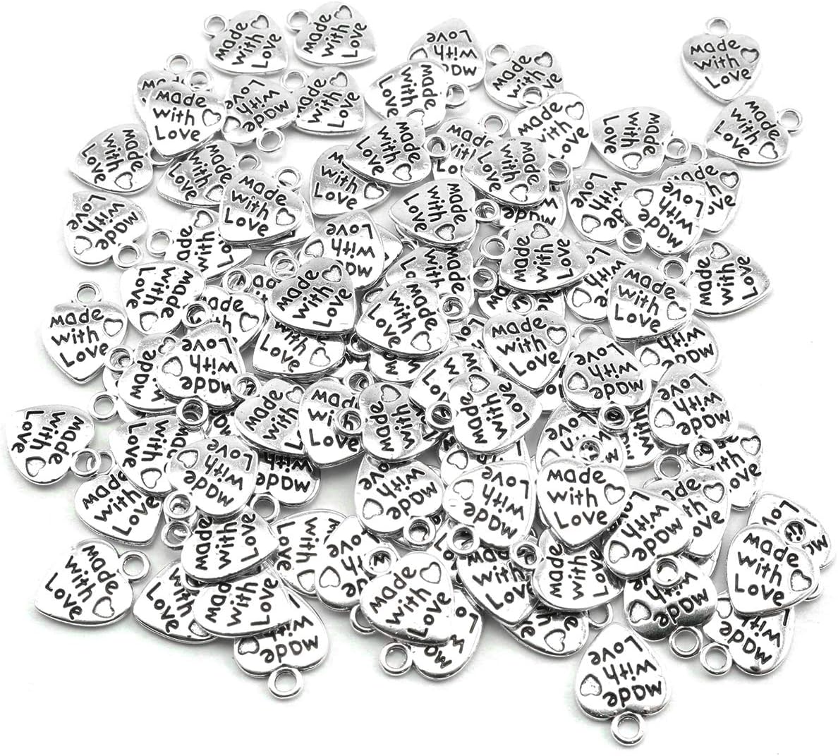 heyous 100pcs Heart Shape Charms Handmade Metal Labels Printed Made With Love Tag Labels Carving DIY Craft Necklace Bracelets Keychain Jewelry Making Findings Accessories Ancient Silver