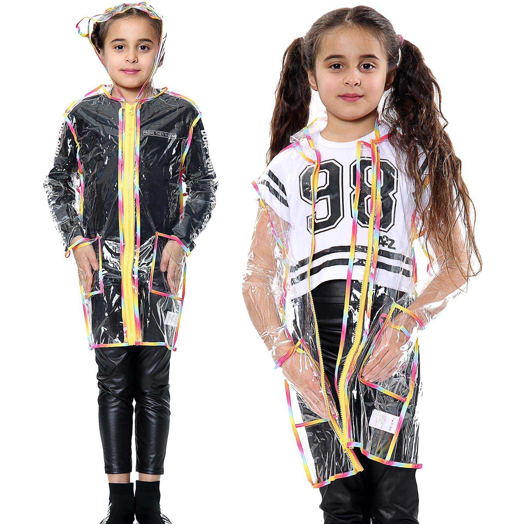 A2z 4 Kids Girls Rainbow Raincoat Eva Transparent Clear Rainwear Hooded Long Sleeves - Raincoat 450 11-12