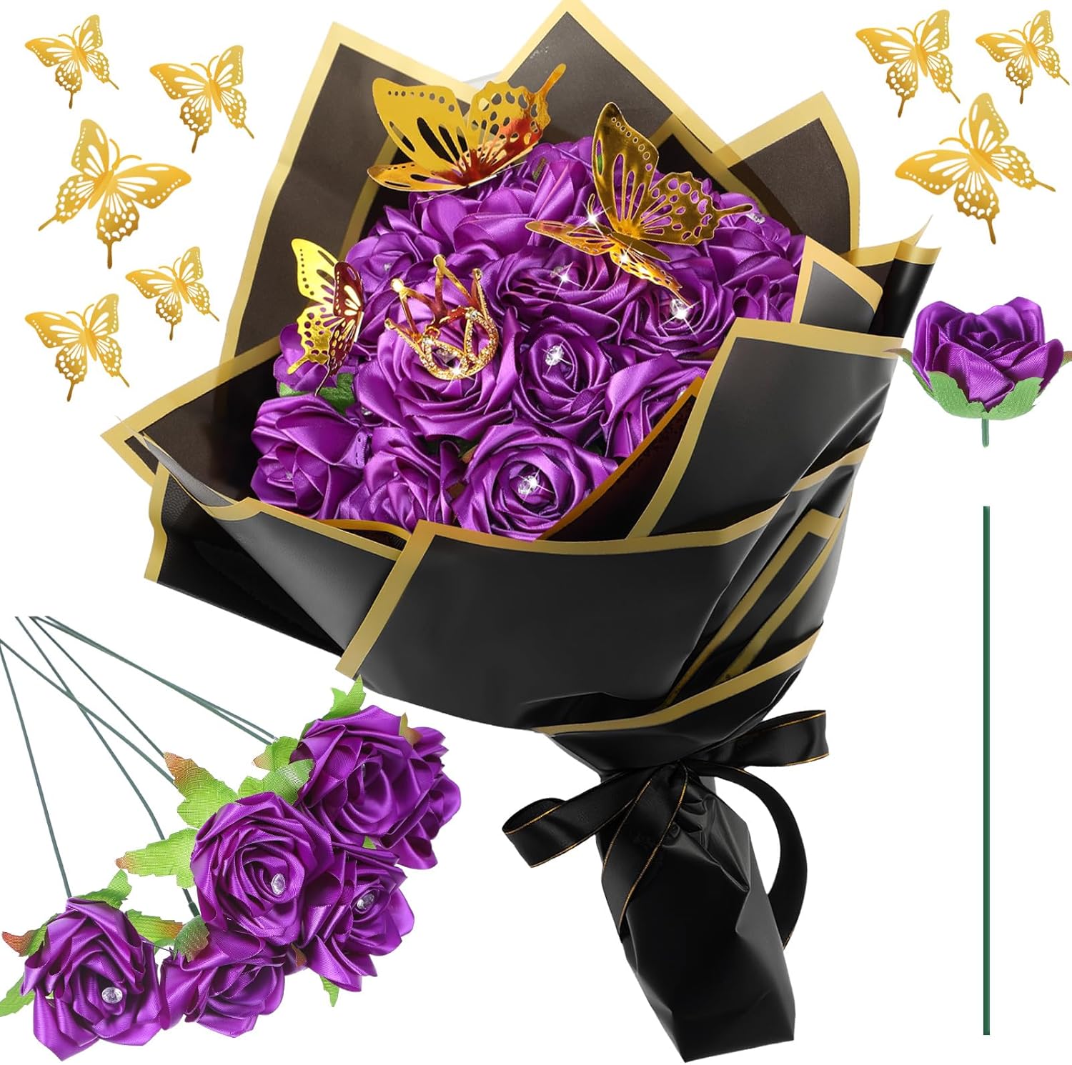 Riceshoot 25 Sets Ribbon Rose Bouquet DIY Fake Roses with Stems Faux Flowers Bouquet Kit Wrapping Paper Crown 3D Butterflies for Graduation Anniversary Birthday Wedding Gift(Purple)
