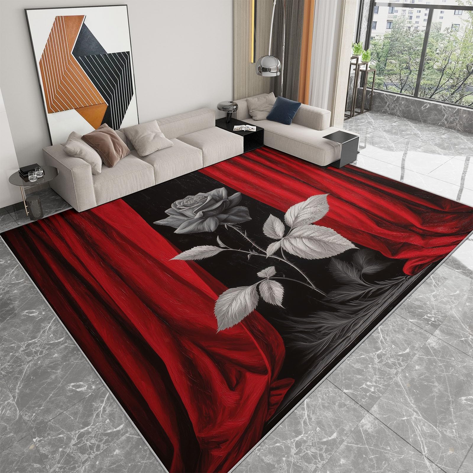 Generisch Teppich 160 x 230cm Weich rutschfest - Rote Vorhänge Schwarze Rosen Druck Muster für Dekoration Schlafzimmer Kinderzimmer Esszimmer Paarzimmer Kurzflor