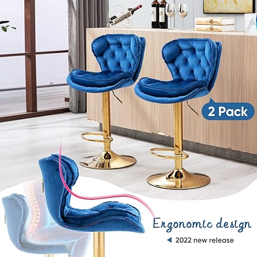 Miniatura 34 de SLEERWAY Juego de 2 taburetes de bar giratorios modernos, sillas de bar de terciopelo para mostrador de cocina, taburetes de bar dorados, taburetes