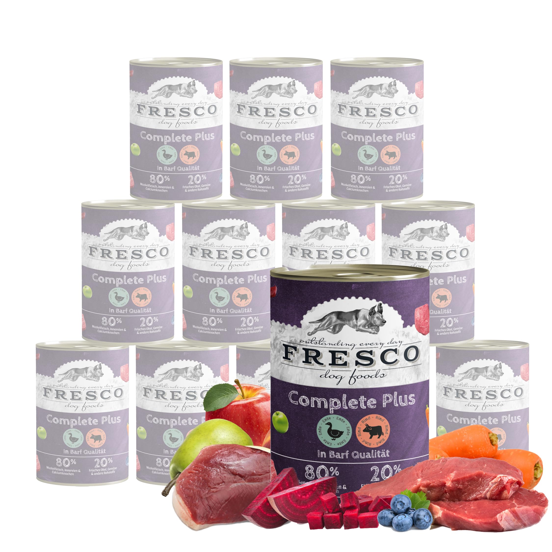 FRESCO Dog NassBarf Ente mit Rind 6 x 400g | Hundefutter Nass getreidefrei