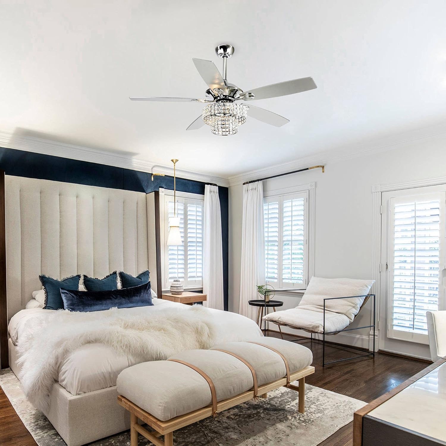 Parrot Uncle Ceiling Fans with Lights and Remote 52 Inch Bedroom Ceiling Fan with Light Crystal Chandelier Fans, Reversible Motor, Timer, Polished Chrome