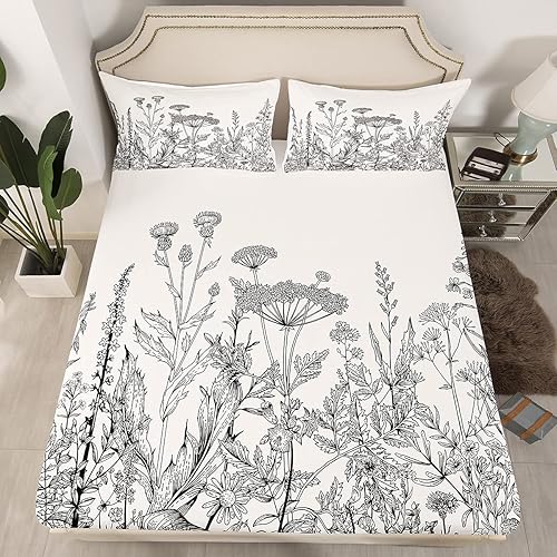 Miniatura 2 de jejeloiu Juego de sábanas botánicas de flores silvestres, juego de ropa de cama de plantas en acuarela con flores y ramas, 1 sábana encimera y 1