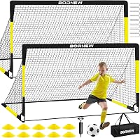 BORNEW Kids Soccer Goal Set - 2x 6x4ft Portable Pop-Up Nets, Soccer Ball, Cones, Pump for Backyard Training Ages 3-16
