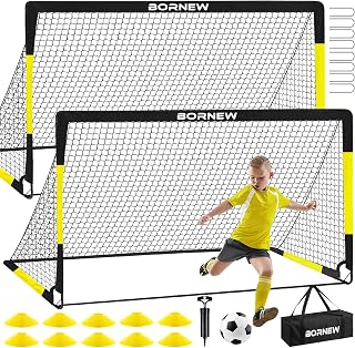 BORNEW Kids Soccer Goal Set - 2x 6x4ft Portable Pop-Up Nets, Soccer Ball, Cones, Pump for Backyard Training Ages 3-16
