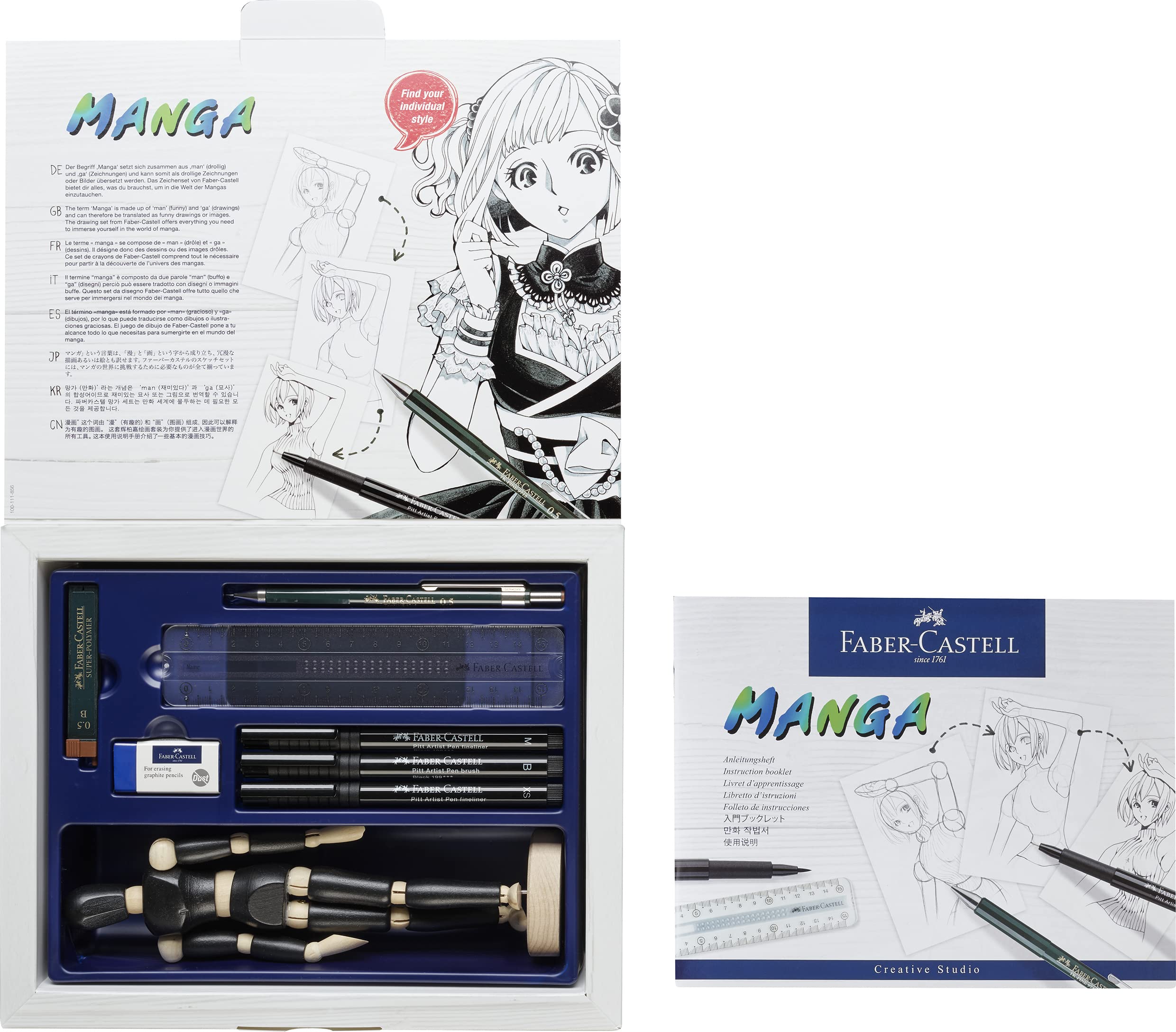 Faber-Castell Pitt Artist Pen, 167152, 3 artisti a inchiostro e accessori, 14 pezzi, kit di avvio manga, ombreggiatura fumetti con 4 diverse tonalità di grigio