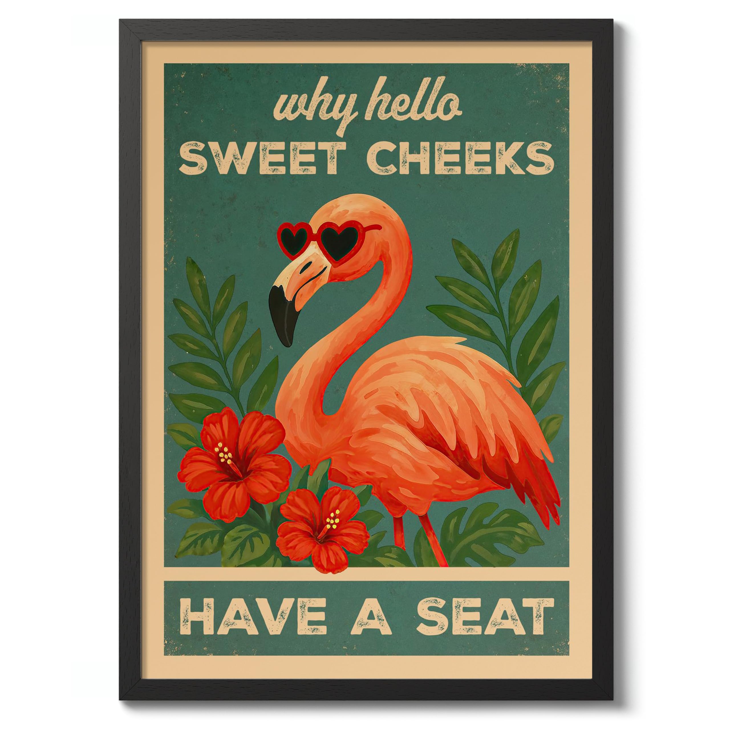 Hello Sweet Cheeks Flamingo Poster, Retro Animal Bathroom Print, Comedy Toilet Wall Art, A5 (Black Frame) - 24.1x17.9cm — image 1