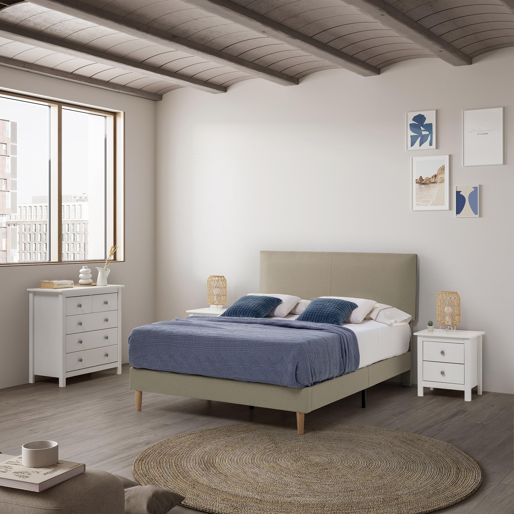 HOMN LIVING Estructura de Cama tapizada Lauren de 30 cm, Base para colchón 150x190 cm, Somier de láminas de Madera, Montaje Sencillo, Beige