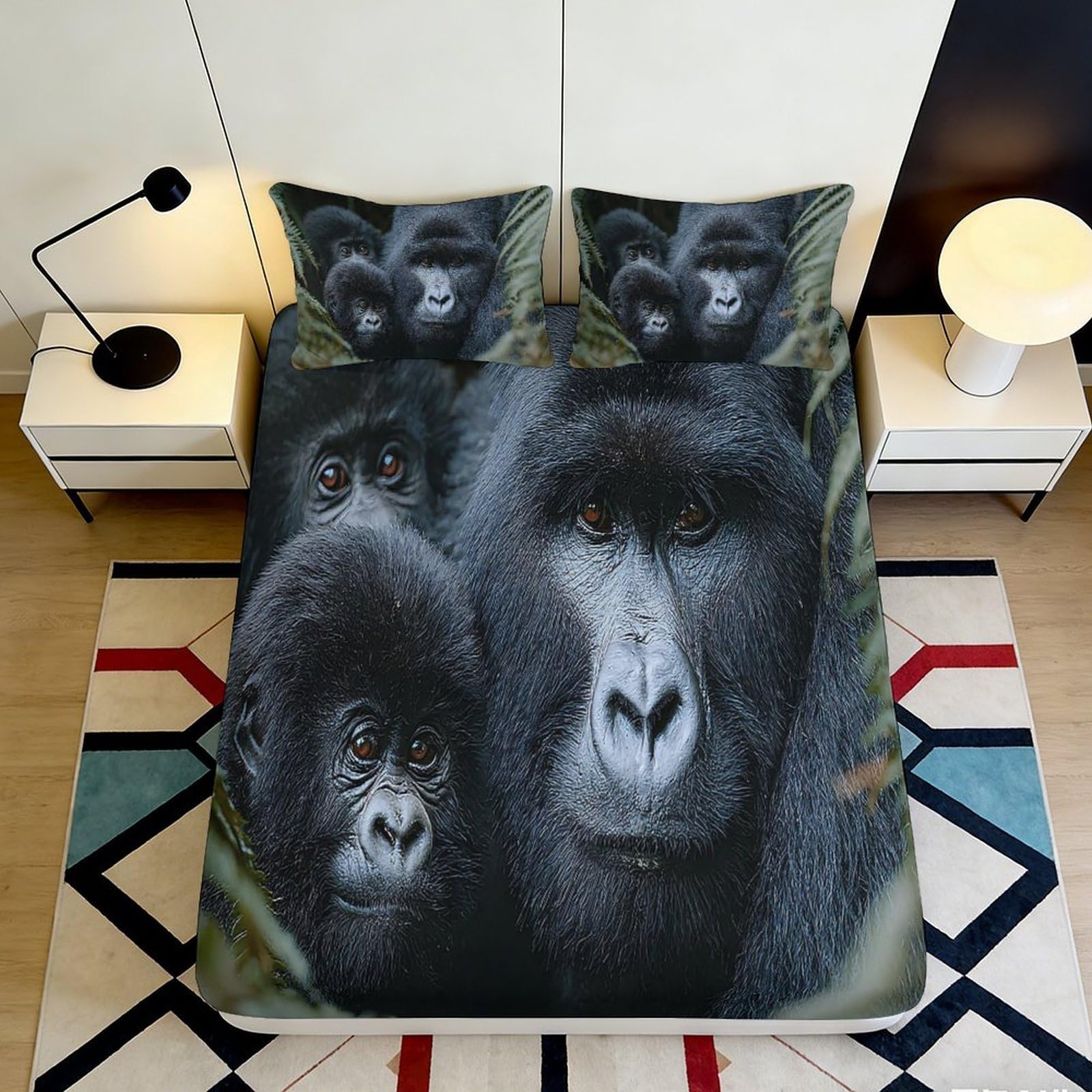 3D Printed Gorilla Fitted Sheet Microfiber Deep Pocket Elastic Hem Bedding Set Gorilla Mattress Fitted Cover Washable for Bedroom Home 200x200x25cm 90x200x25cm
