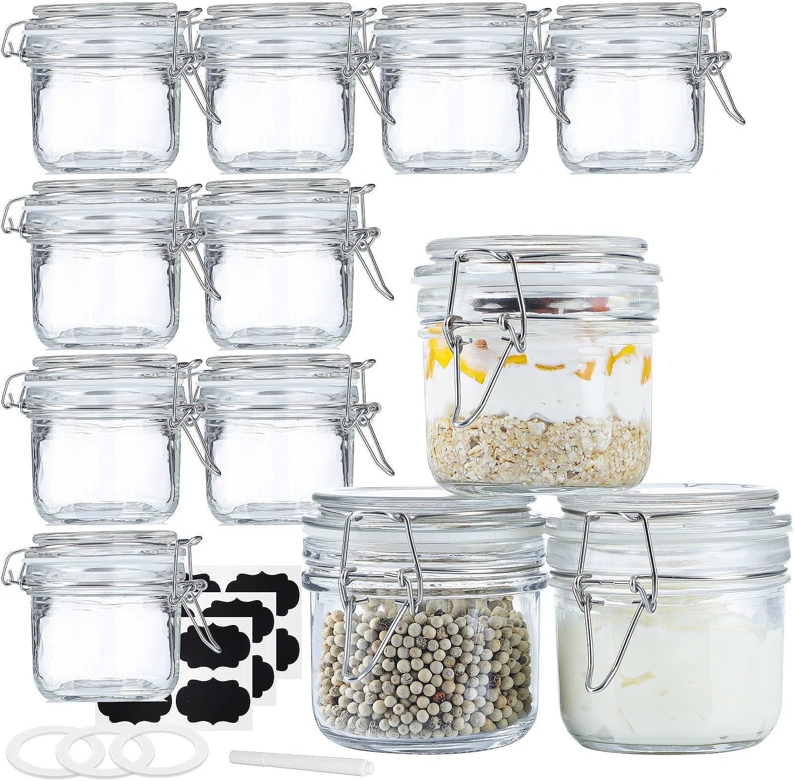 Folinstall 7 oz Glass Jars with Airtight Lids 12 Pcs, Small Mason Jars with Hinged Lids for Kitchen Storage, Canning and Pantry, Includes 3 Replacement Silicone Gaskets and Chalkboard Labels