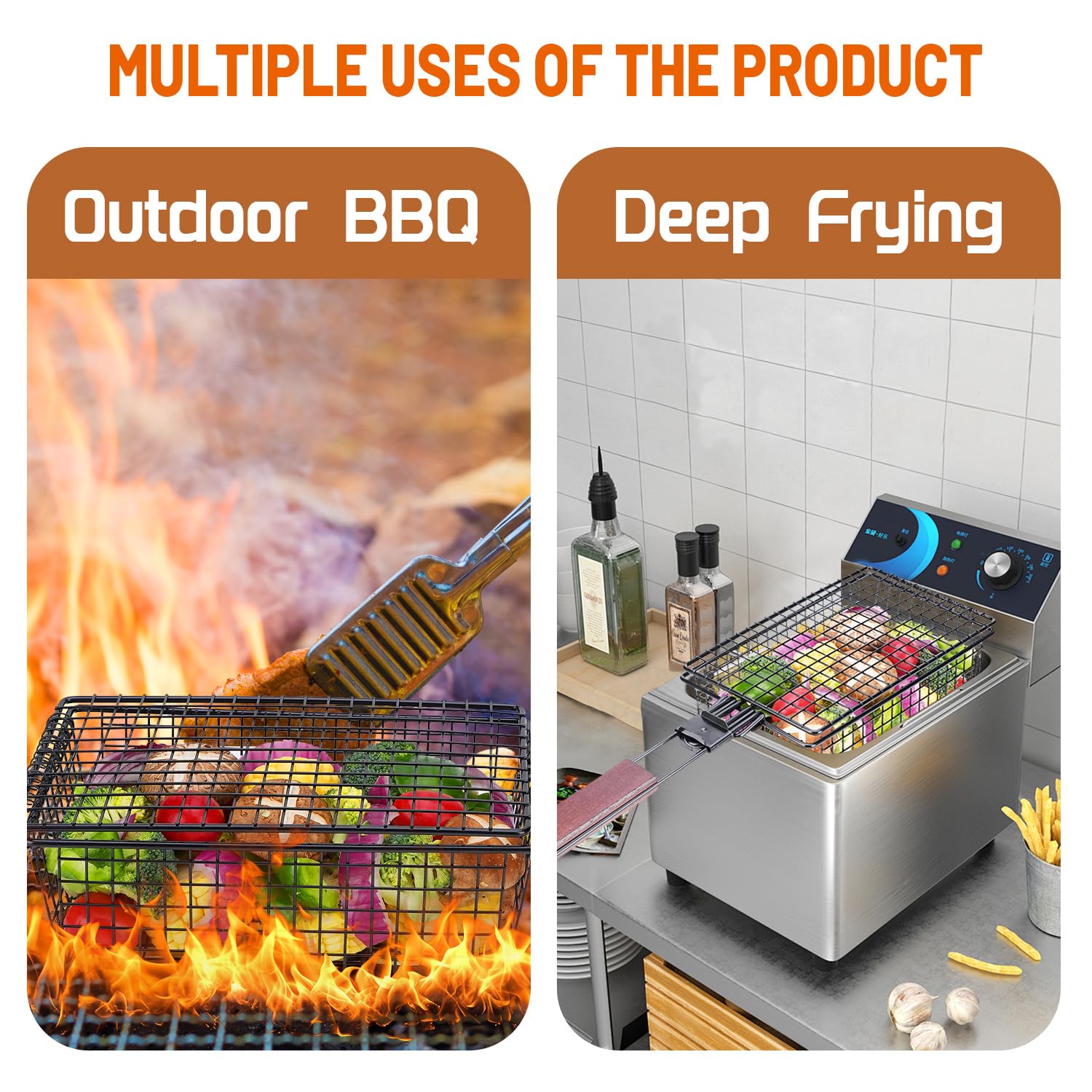 JUCT Non-Stick Deep Basket Grill Flip Basket with Folding Handle - Ideal for BBQ Grilling or Frying Seafood and Vegetables, Smart Safety Latch, Easily Folds for Storage - Expert Grilling Accessory