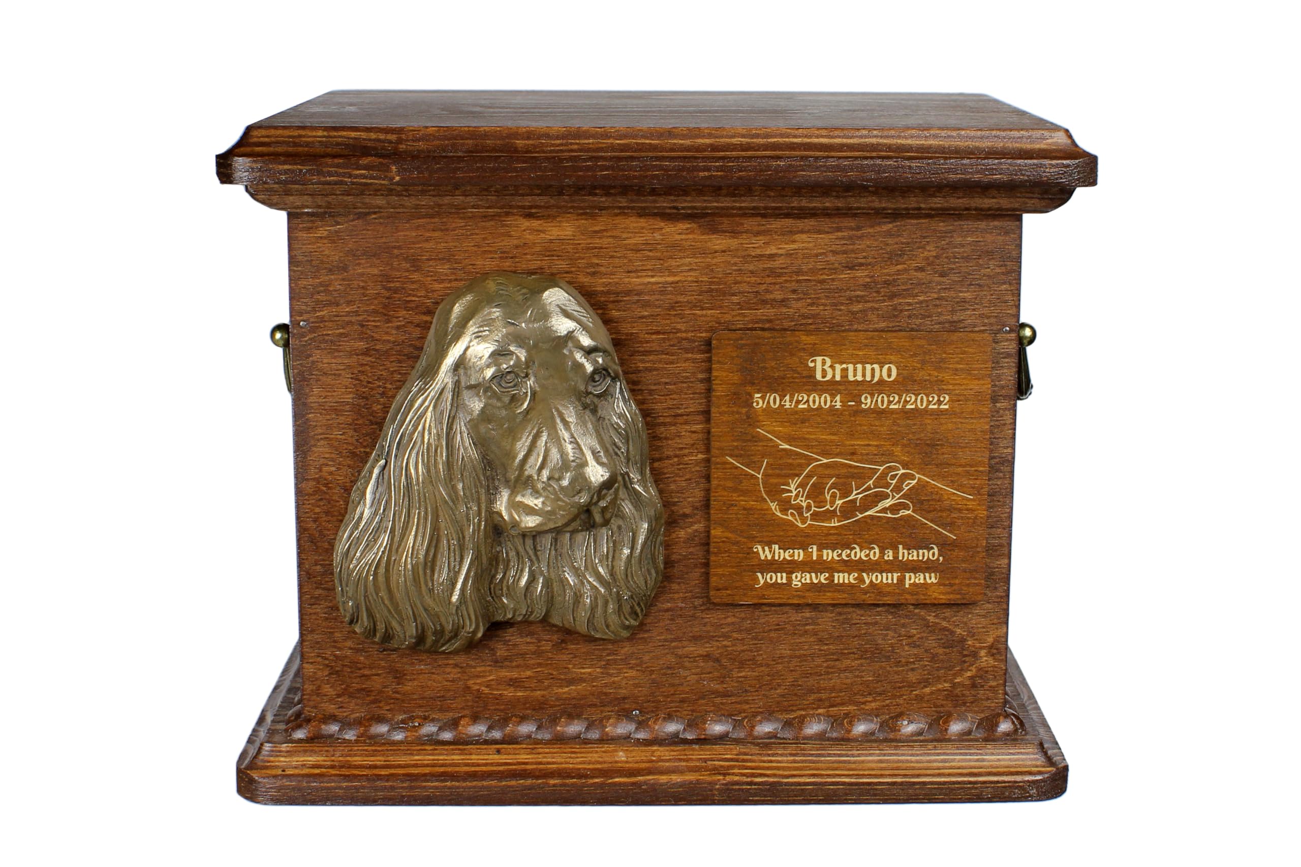Art-Dog Urn for Dog Ashes - Handmade Memorial with Relief, Personalized Engraving, and Cold Cast Bronze Bust – Custom Pet Memorial Urn – 8.3x11.4x8.7” – English Cocker Spaniel I