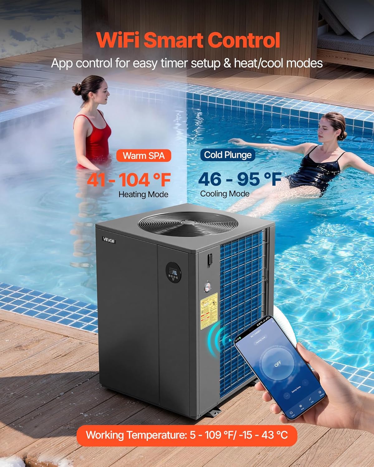 VEVOR 104790 BTU Inverter Pool Heat Pump, All-DC Technology Electric Heater for In-Ground Pools up to 27,738 Gal, WiFi App Remote Control with Multiple Protection for Swimming Parties