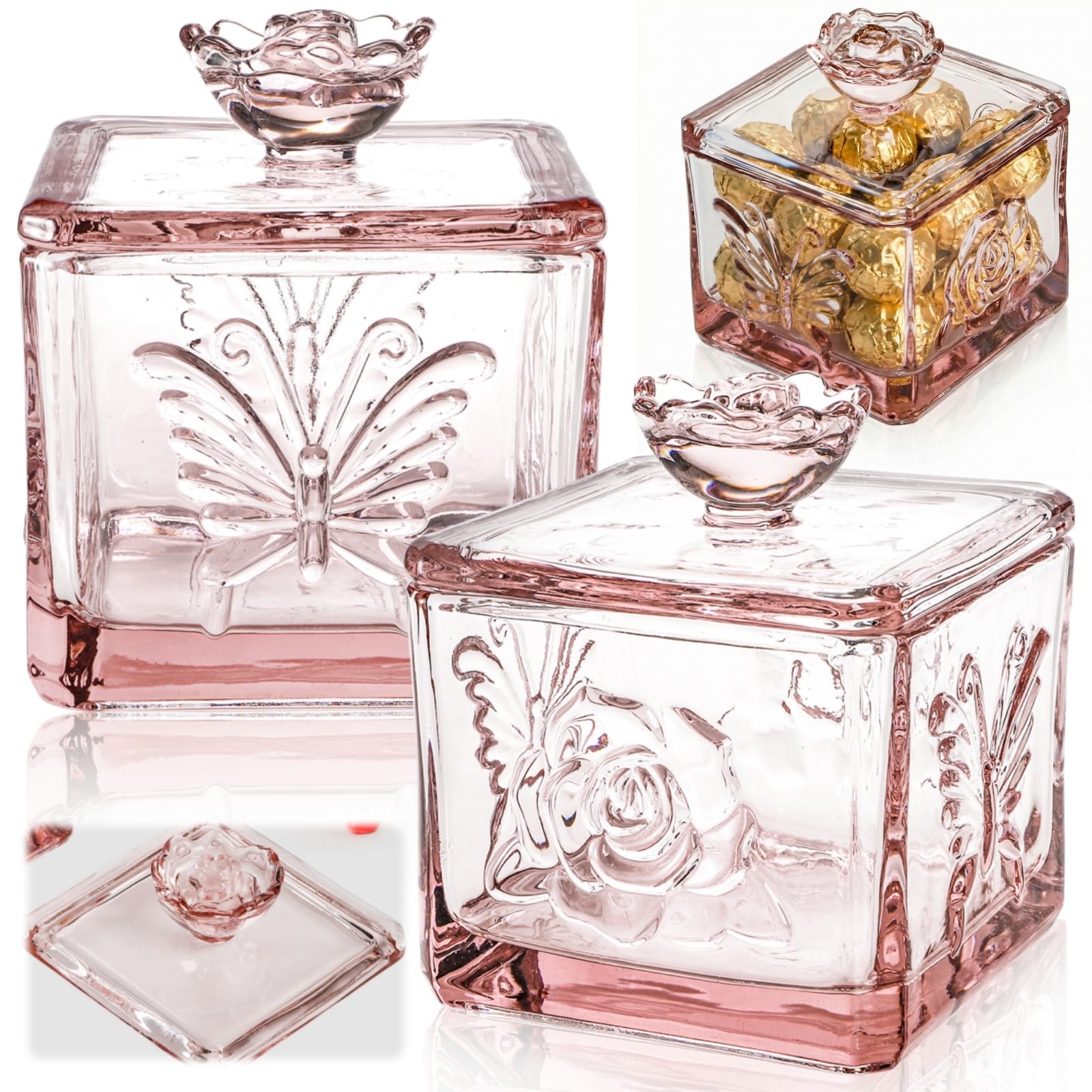 Goaste 2 Pack Glass Candy Dish with Lid, 15 OZ Embossed Clear Candy Jar, Decorative Covered Sugar Bowl, Vintage Jewelry Storage Trinket Box for Candy