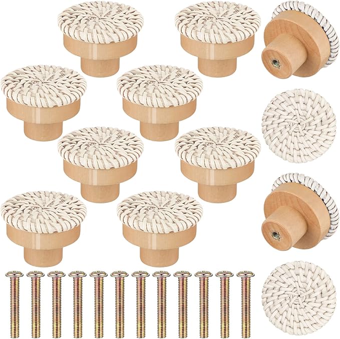 Boho Rattan Dresser Knobs Round Wooden Drawer Knobs Handmade Wicker