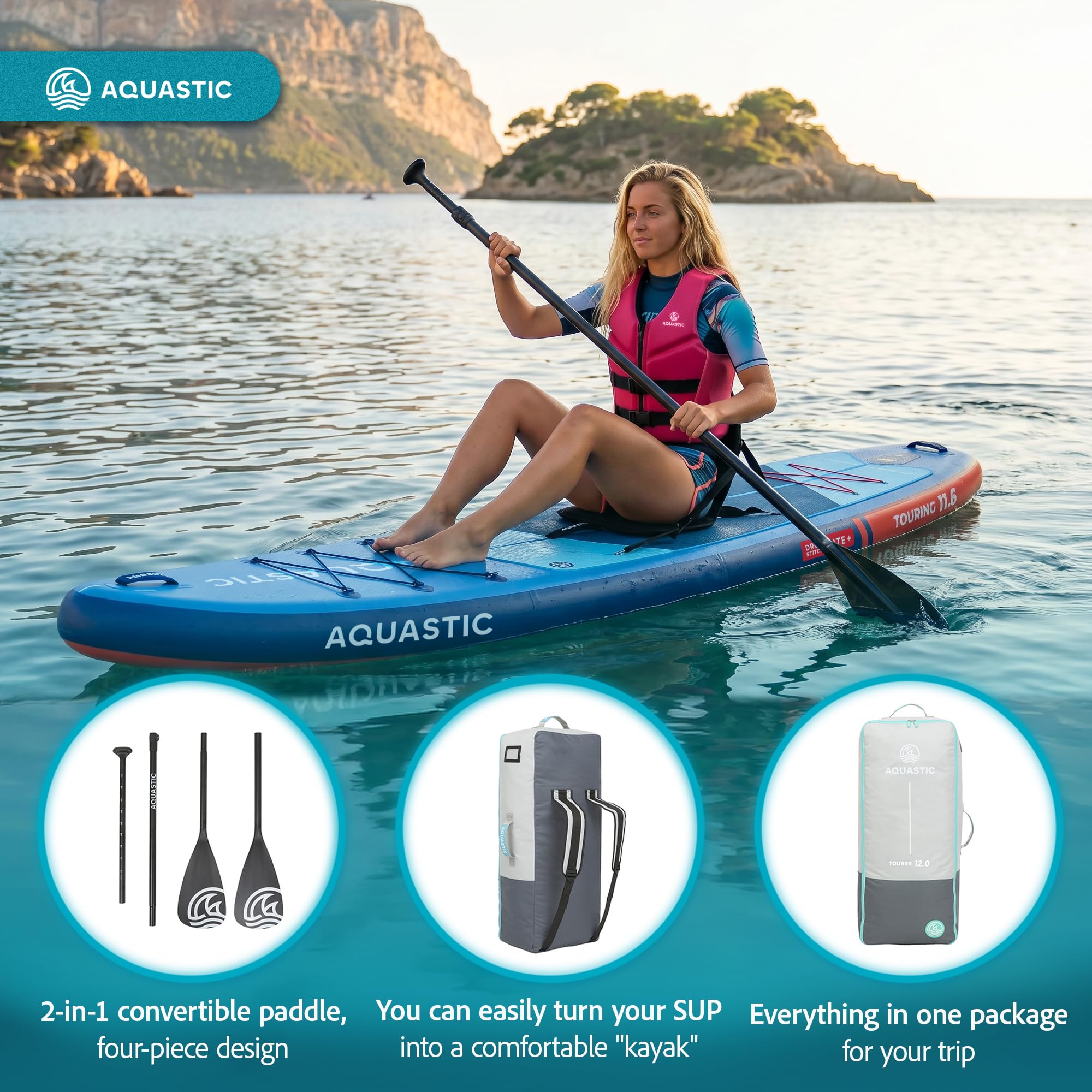 AQUASTIC Touring - Tabla Hinchable, 350 cm, con Asiento de Kayak, Remo, Bomba y Mochila