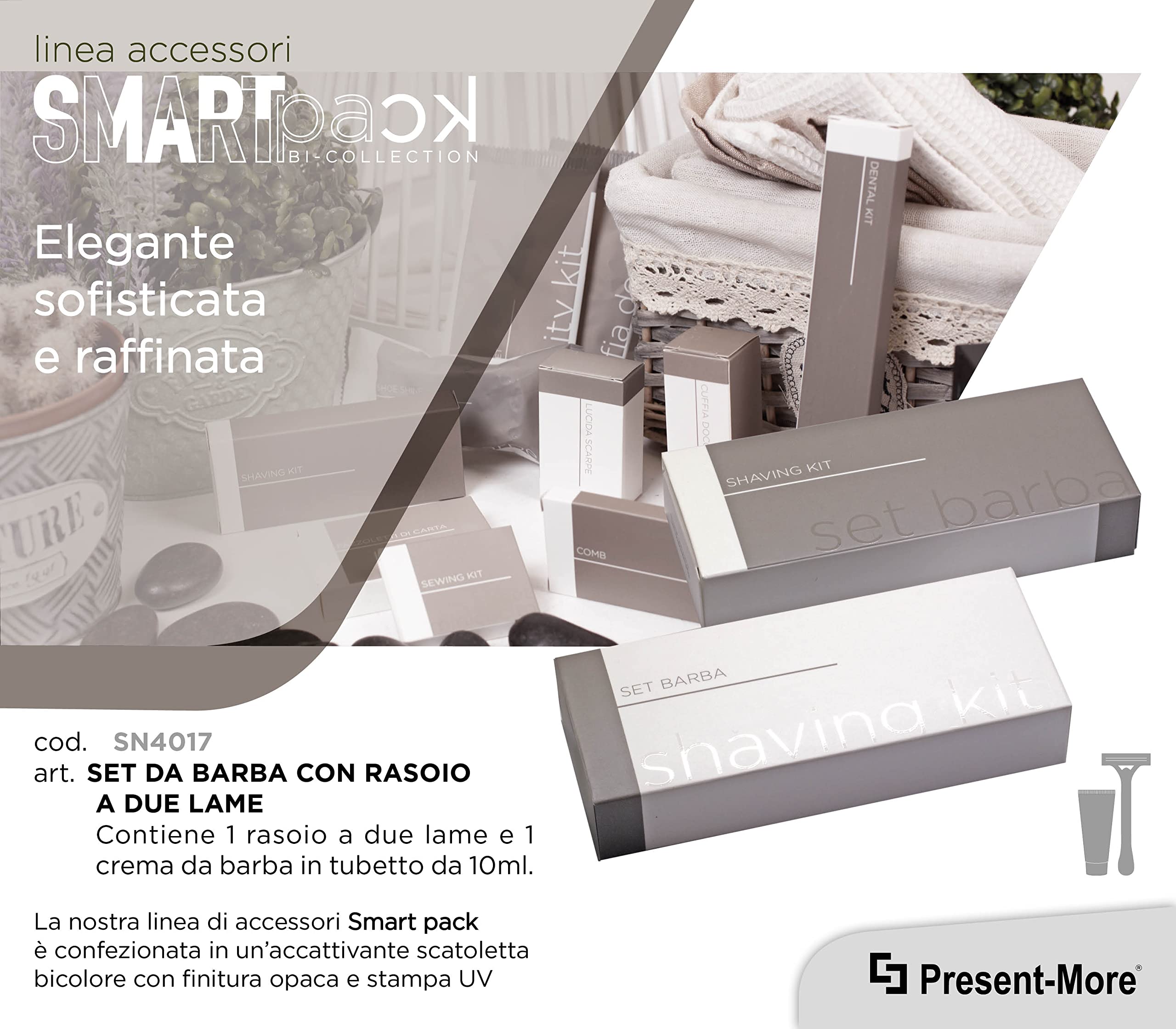 PRESENT-MORE - Kit Barba 250 Pezzi - Linea Smart - Kit con Rasoio e Crema da Barba da 10ml - Packaging Ecologico in Scatoletta Riciclabile - Ideale per Hotel e B&B