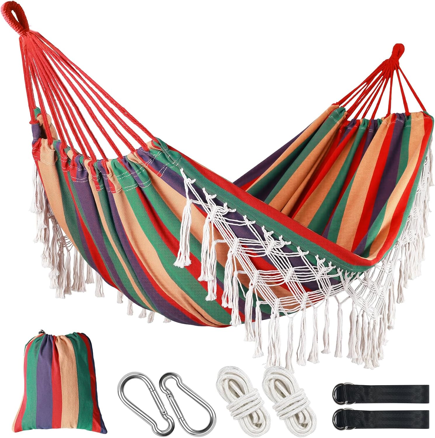 Posprica Brazilian Style Double Hammock with Fringe, 2 Person Patio Hammock for Backyard & Indoor Relaxation, Soft Breathable Fabric, Easy Setup with Straps & Carry Bag, 360 lbs Capacity