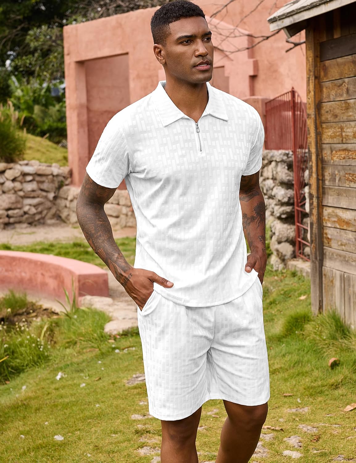 URRU Mens 2 Piece Summer Outfits Textured Classy Casual Quarter Zip Golf Polo Shirt and Shorts Set Stretch Short Sleeve Suit - Image 2