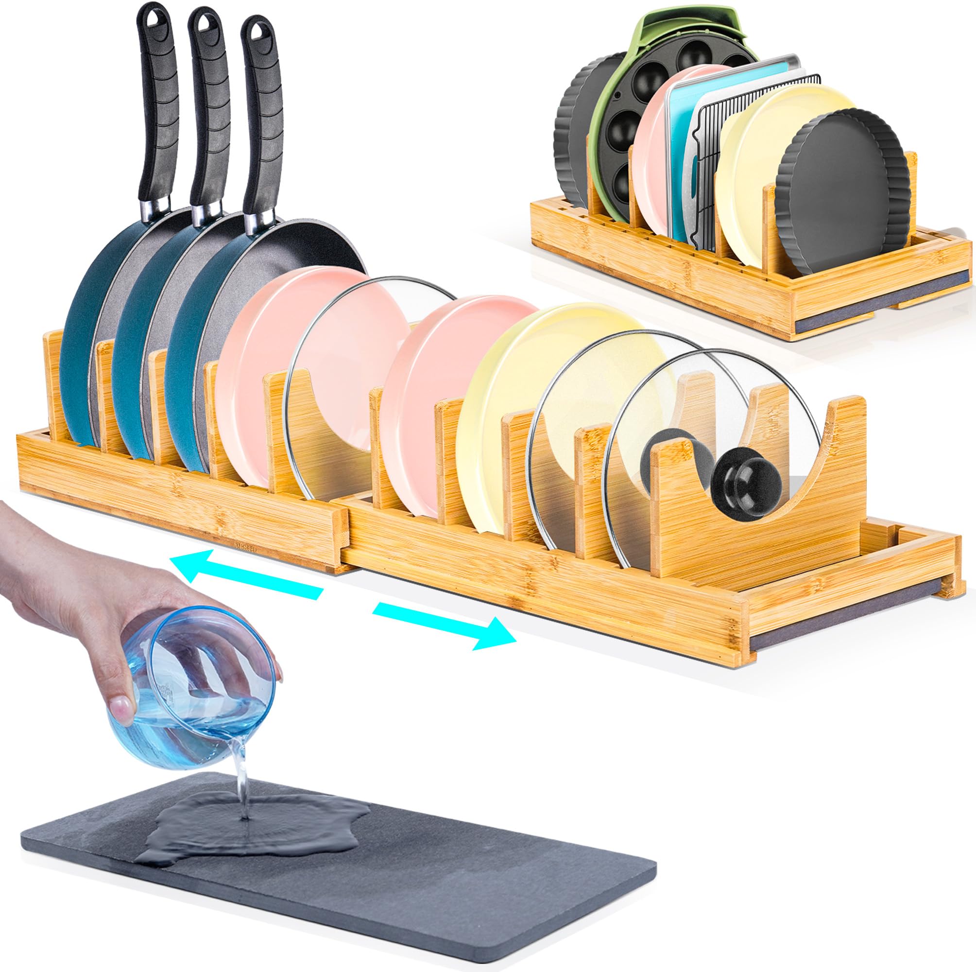 Photo 1 of [Adjustable] Bamboo Pots and Pans Organizer under Cabinet, Expandable Bakeware & Cutting Board Organizers with Diatomaceous Earth Base & 10 PCS Adjustable Dividers, Tray Organizer for Kitchen Storage