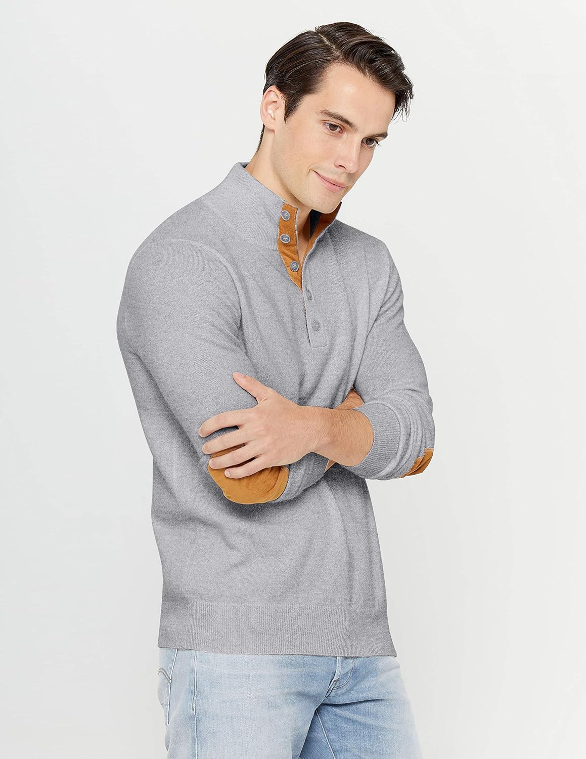 State Cashmere Men's Button Up Mock Neck Sweater 100% Pure Cashmere Long Sleeve Polo Quarter Collar Pullover