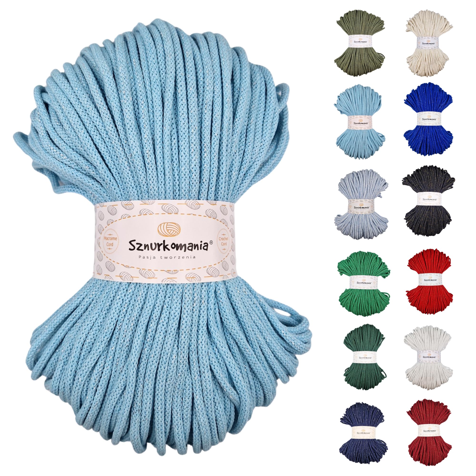Sznurkomania Blue With Silver Thread Cord 5 Mm, 5 Mm Cotton Cord, 100 Metres, Glitter Cord, Shiny Cord, Macrame Cord, Craft Cord, Handbag Cord, Carpet Cord, Macrame Wall Cord (Blue With Silver Thread)