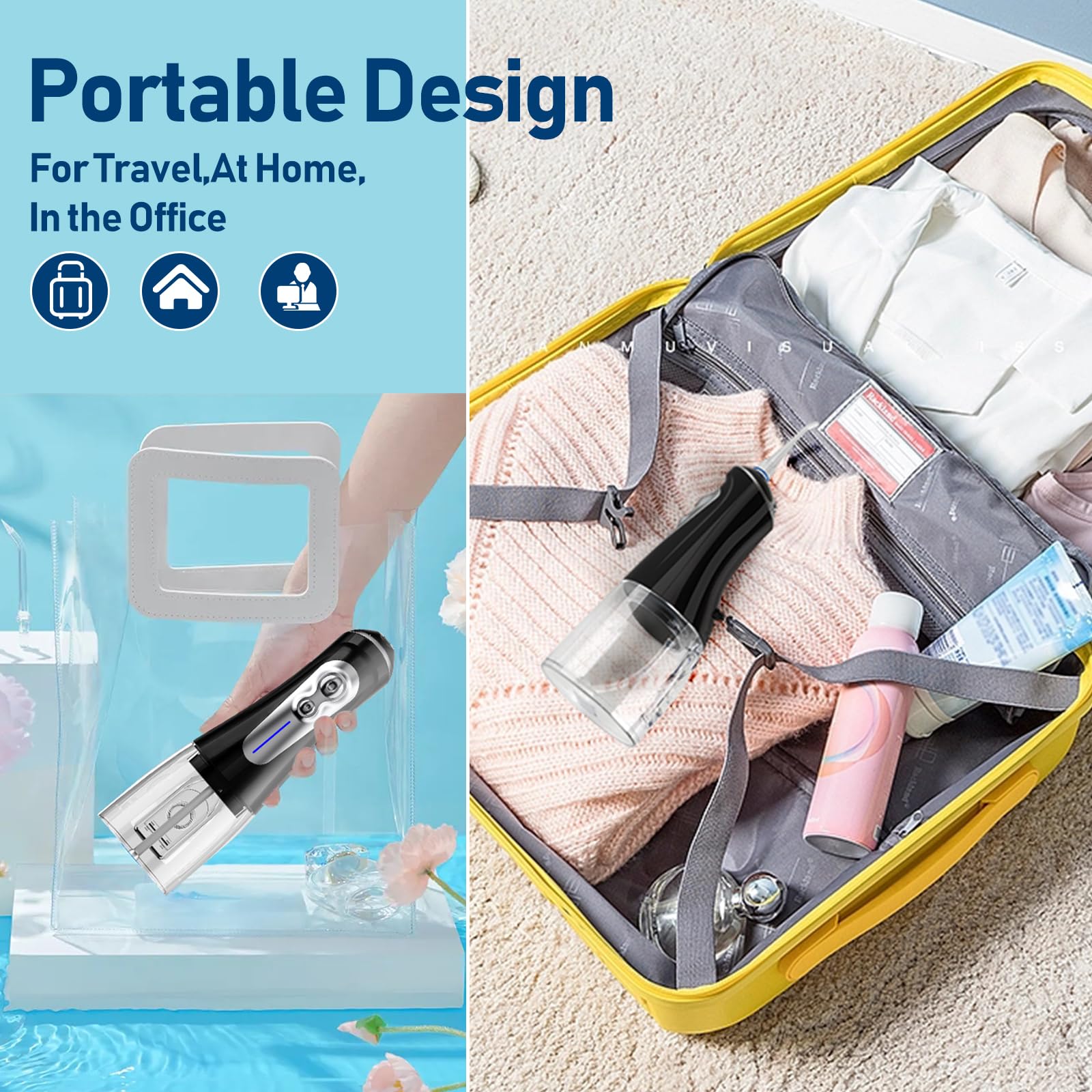 NBGRLVS Irrigador dental de agua para limpieza de dientes inalámbrico, 6 modos ajustables, 320 ml, portátil y recargable, IPX7, impermeable, potente irrigador oral, púas limpiadoras para viajes en