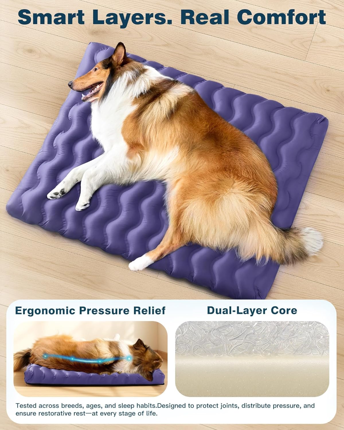 Orthopedic Dog Bed Outdoor Waterproof Dogs Crate Bed for Large Medium Small Dogs, Washable Cooling Dog Bed Mat with Removeable Cover & Memory Foam（30" x 20", Purple