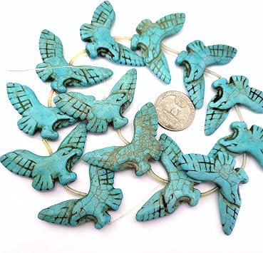 50mm Large Eagle Stone Pendant Bead Curved Double Side Gemstone Turquoise Howlite Beads 15" Strand Zuni Fetish Southwestern 13pcs Blue