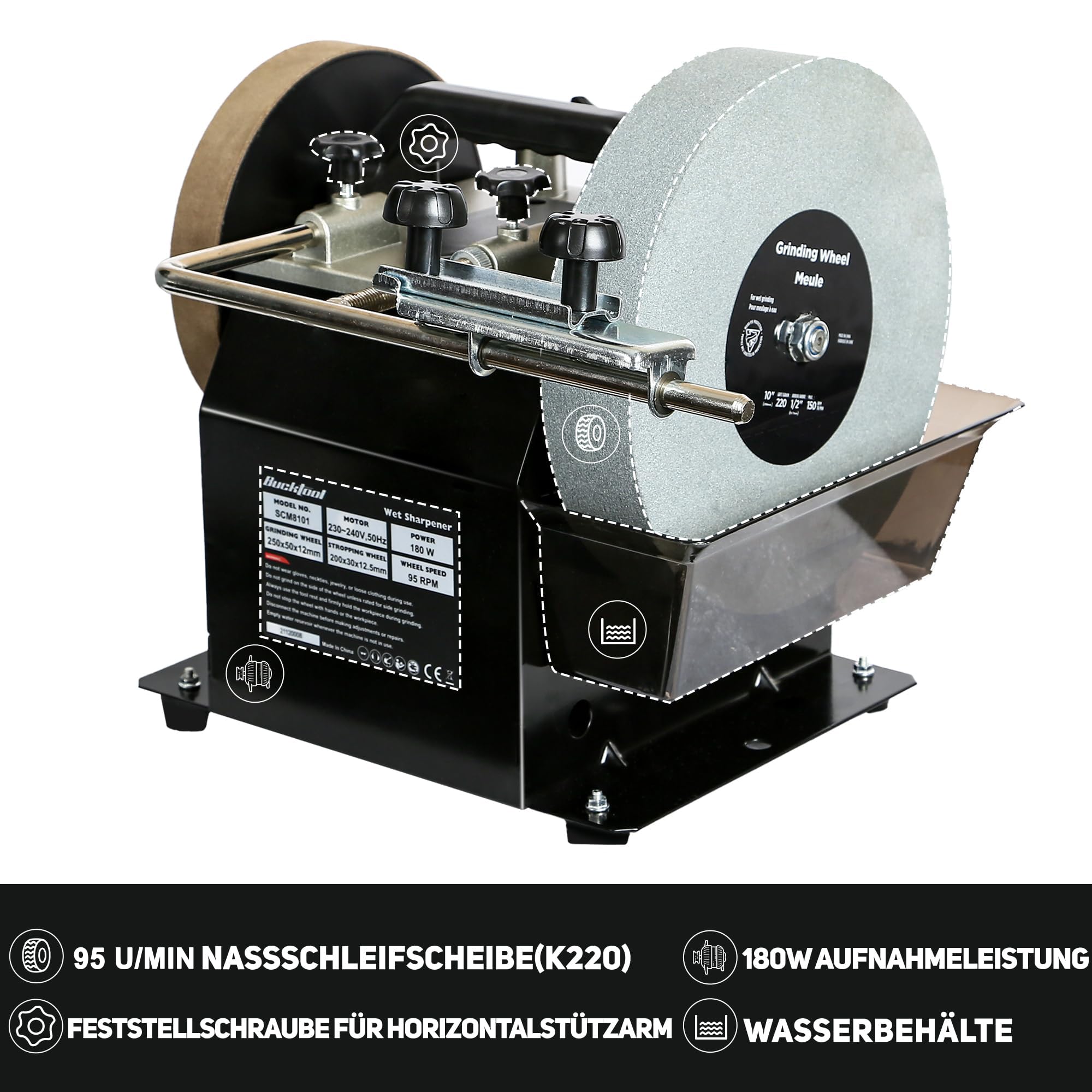 Bucktool SCM8101 Two-Direction Water Cooled Wet and Dry Sharpener 250mm électrique humide pierre meuleuse, système d'aiguisage et d'affûtage 180W, machine de meulage refroidie par eau 230~240V