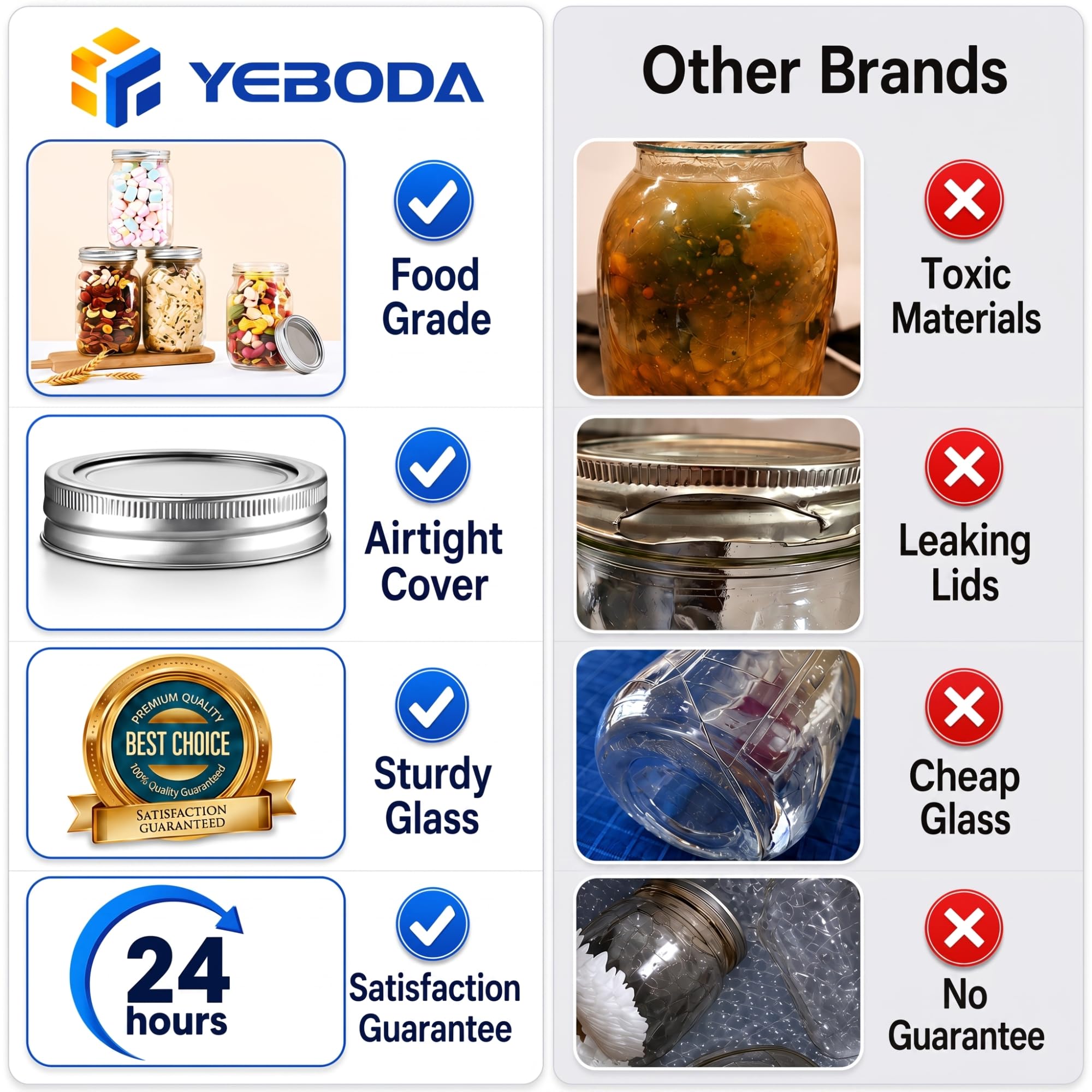 YEBODA Gläser mit breiter Öffnung, 400 ml, Packung mit 12 Gläsern mit luftdichtem Deckel und Bändern, zum Einmachen, Marmelade, Honig, Gelee, Hochzeitsgeschenke, Soßen, Gewürzgläser, Salat