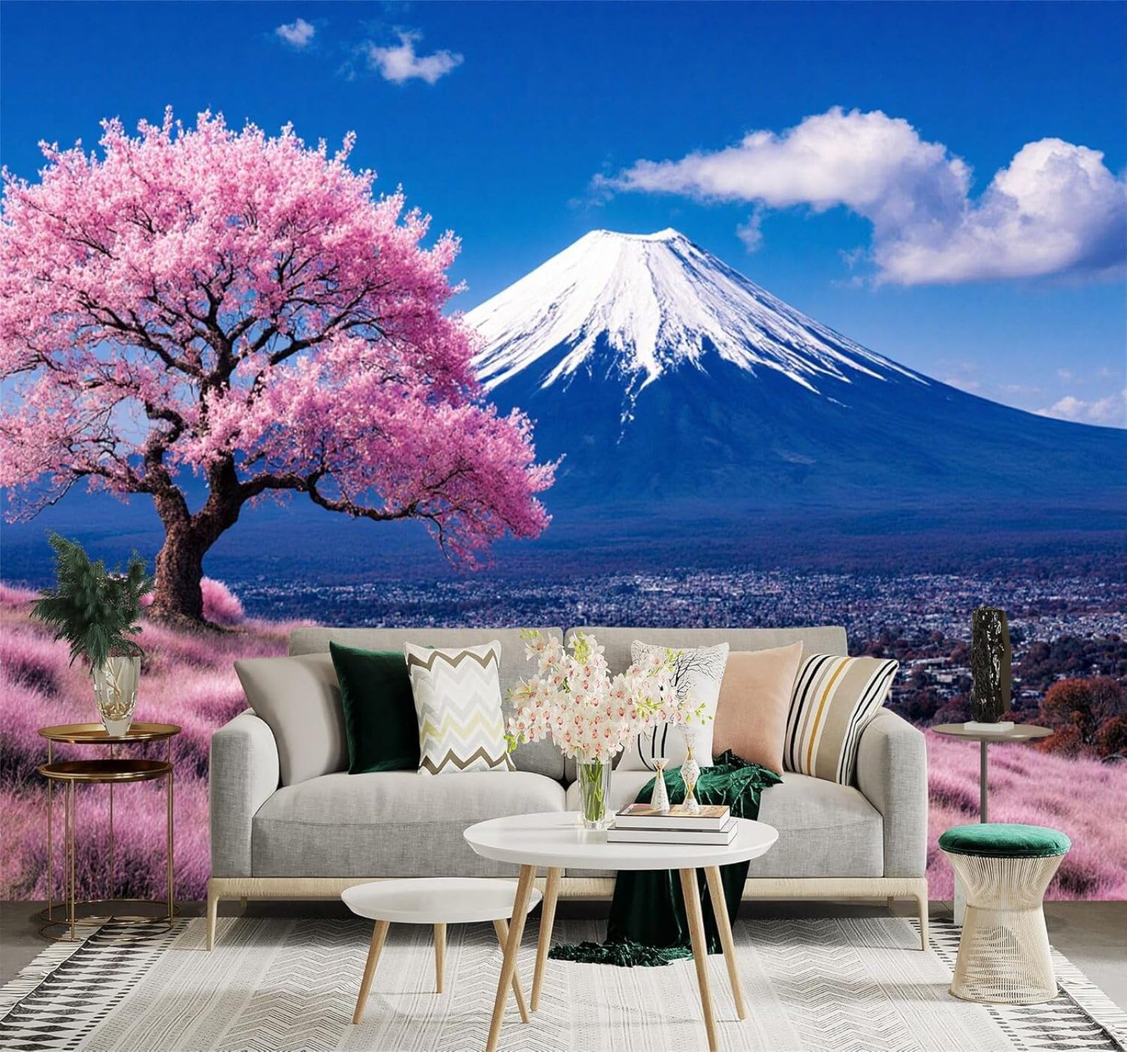 XLMING Snow Capped Mountains Pink Cherry Blossom Trees Blue Sky Scenery 3D Wallpaper Premium Textured Silk Study Dining Living Room Bedroom Sofa TV Wall Easy Install-250cm×170cm