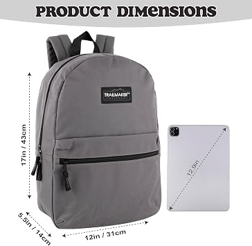 Trail maker Classic 17 inch Backpacks with Adjustable Padded Straps | School Backpacks for Girls, Boys (Grey)