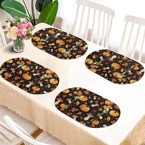 Miniatura 2 de Non Slip Placemats Set of 6 Pumpkin Mushroom Theme Waterproof Wipeable Faux Leather for Thanksgiving Family Feast Heat Resistant Dining Table Mats