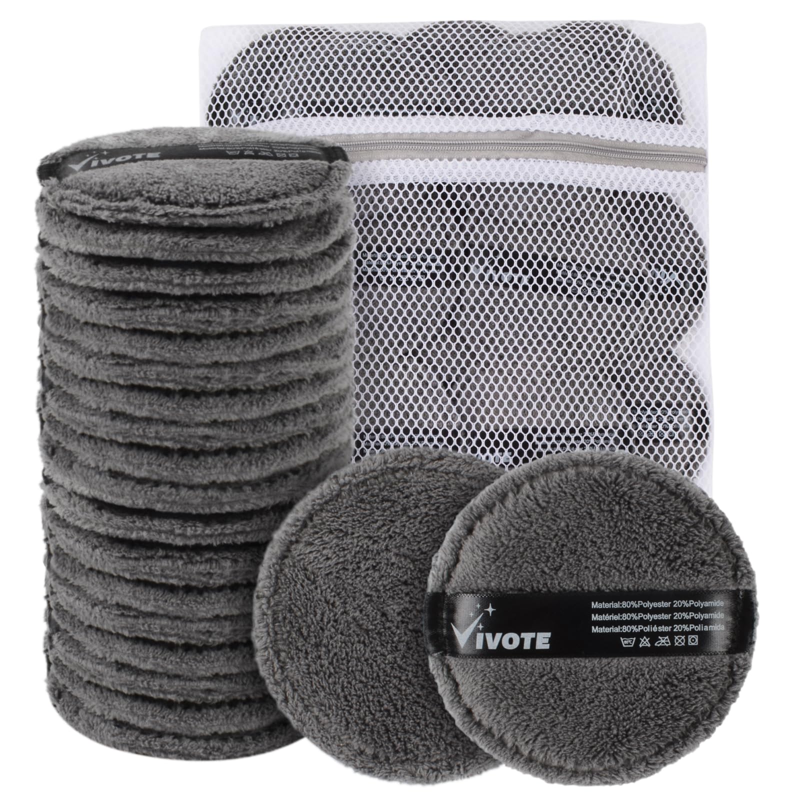 VIVOTE Almohadillas de microfibra lavables de microfibra, reutilizables, 20 unidades, almohadillas desmaquillantes suaves y sostenibles, para la limpieza facial y el cuidado de la piel, con bolsa de