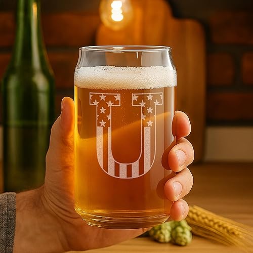 Miniatura 69 de Vaso en forma de lata de cerveza con monograma grabado - bandera de EE.UU.