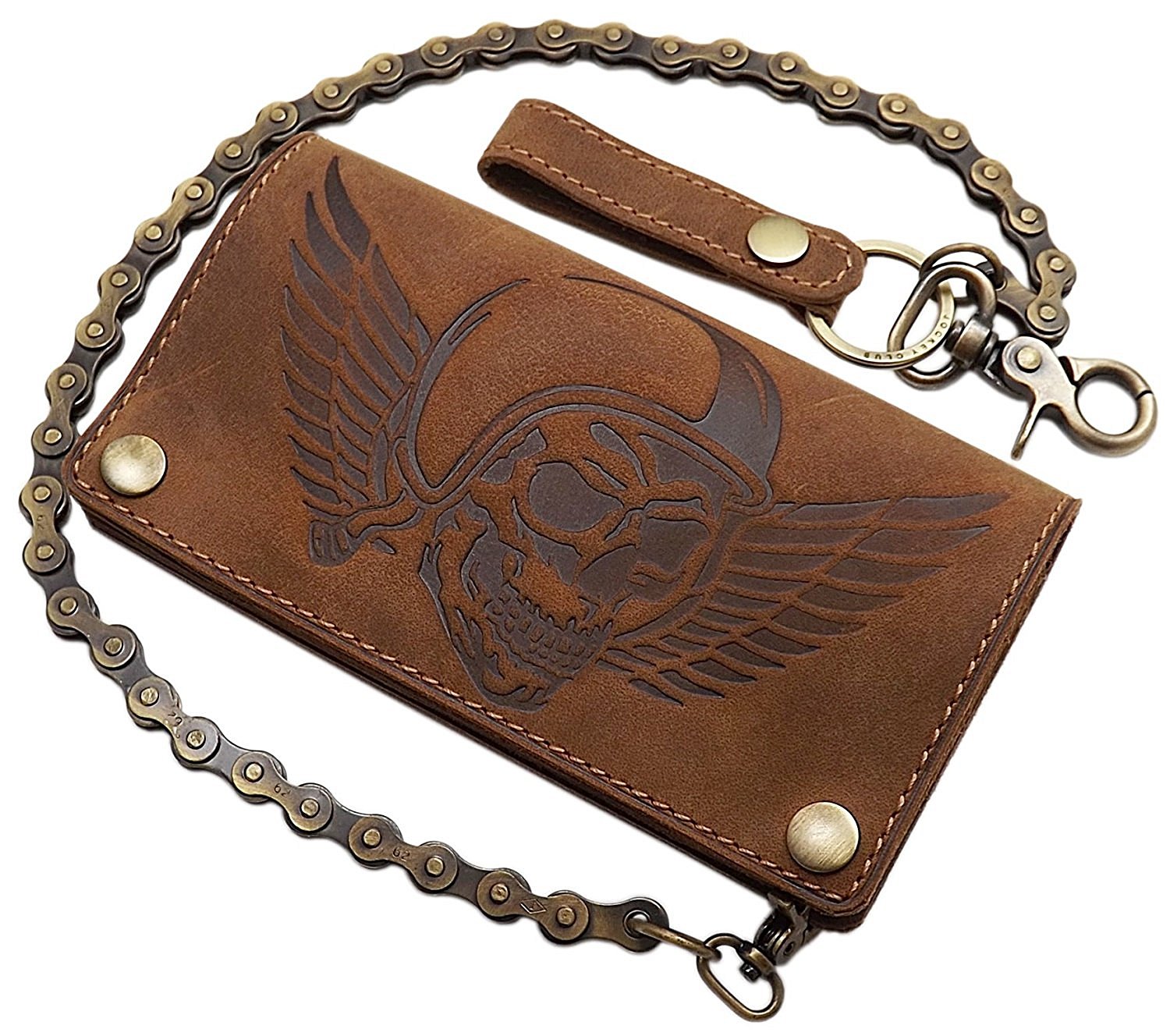 myledershop Cuero de búfalo Motero Cartera con Cadena metálica con Calavera-Motivo y Desmontable Tarjetero con Bloqueo RFID y NFC en marrón