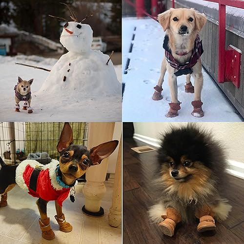 Miniatura 8 de Botas para perro, paquete de 4, protectores antideslizantes para perros pequeños, zapatos de nieve de invierno con suela resistente (marrón, talla 2)