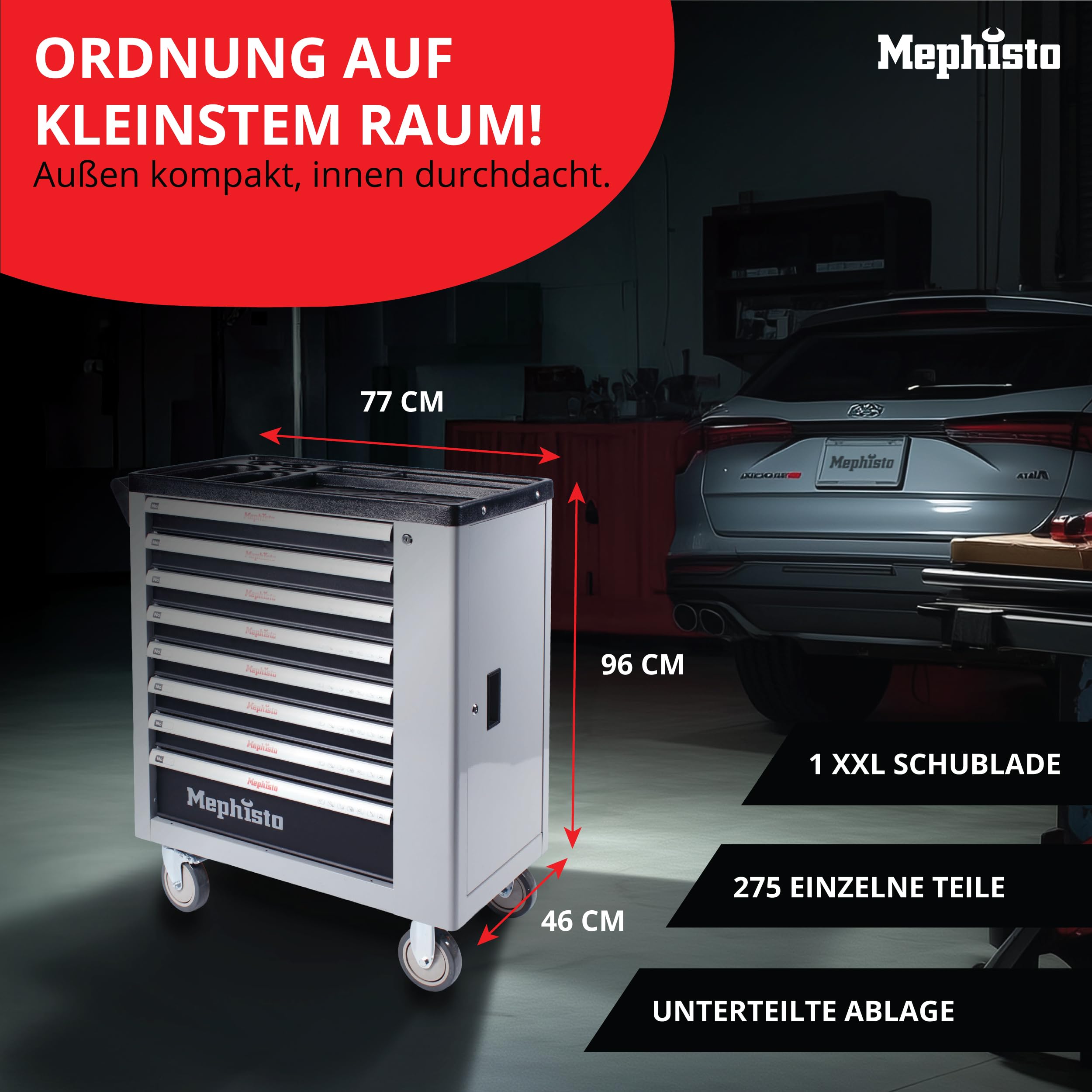 Mephisto Werkzeugwagen Werkstattwagen mit 8 Schubladen Davon 7 mit Werkzeug wie Schraubenschlüssel, Ratsche mit Nusskasten, Schraubendreher usw. in Soft Inlays in Carbonoptik gefüllte Schubladen