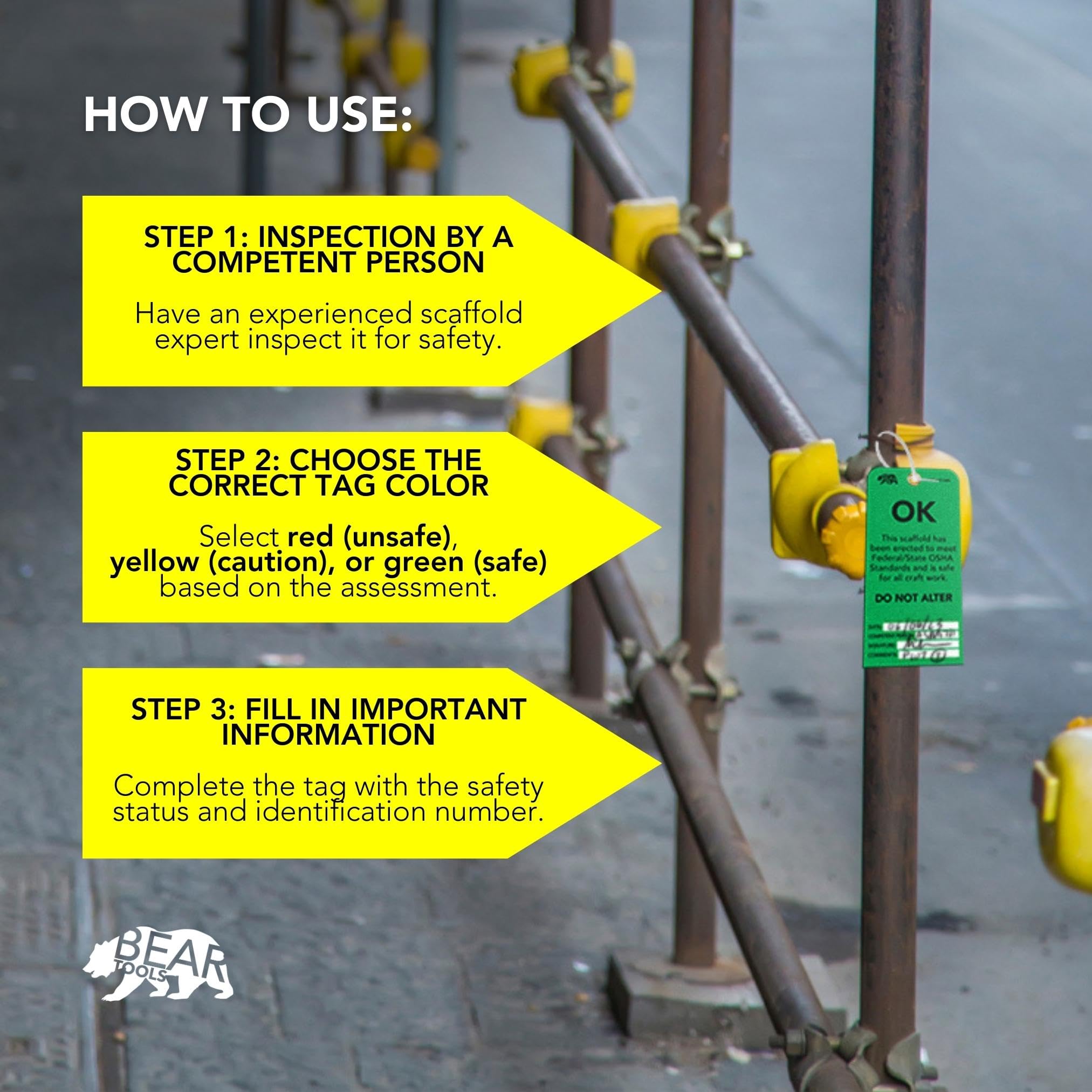 BearTOOLS Scaffold Tags - Safety Inspection Kit with Cable Ties - OK Scaffold Status Warning Sign - Laminated 3 x 6 in, Pack of 25 - Weatherproof, Tear-Resistant - Green Tags — Amazon image 6