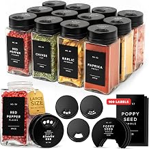EDELHAUS Glass Spice Jars with Labels & Black Rotating Lids 12 Large Square Airtight Containers 6.7 oz / 200ml with Shaker Inserts, Funnel & 160 Waterproof Labels for Kitchen Pantry Organization
